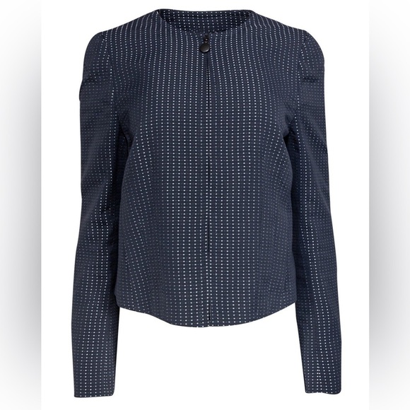 Akris Punto Slate Blue Cotton Blend Full Zip Jacket White Polka Dots Size 12 - Picture 10 of 12